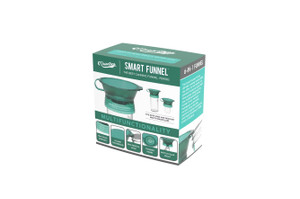The 6-in-1 Smart Funnel from Masontops is the best canning funnel on the market.
Designed to fit securely atop both regular- and wide-mouth Mason jars, this funnel can be operated hands-free. The clear neck of the funnel includes markings to gauge headspace, and common measurement conversions have been imprinted on the upper rim. A strainer insert and bottle-filler spout come included with this item, and it is equipped with a disc removal hook to open sealed Mason jars. The outer collar is taller than the inner neck of the funnel, preventing countertop contamination.
