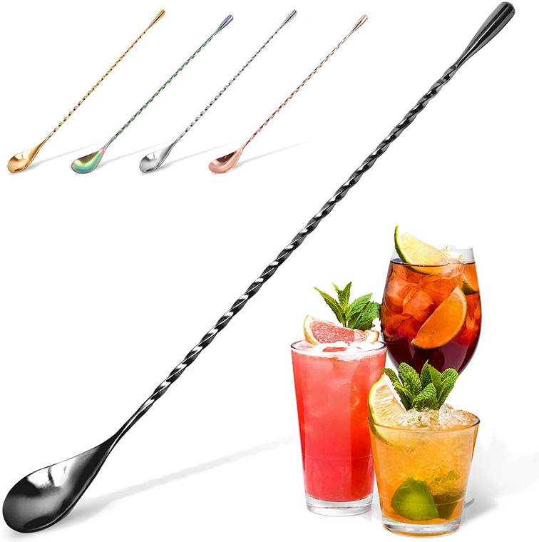 Versatile & Elegant Mixing Tool: Long, attractive and well balanced cocktail spoon with weighted stirrer on one end and large spoon on the other. The spiral shaped stem is perfect for evenly mixing and layering drinks. Effortlessly mixes and combines cocktails with a simple stir, allowing you to create tasty and beautiful looking drinks. It is long enough to use in mixing glasses, cocktail shakers, tall cups, pitchers and carafes. The striking teardrop design will accent your bartending skills.

High Quality & Perfect Length: The premium, polished 18/10 stainless steel construction makes it corrosion and rust proof. At 12 inches it has the ideal length for stirring drinks in taller glasses. Perfect for iced tea or margarita pitchers, smoothies, cocktails, mojitos, martinis and other mixed drinks. The swizzle-stick design makes this one of the top barspoons for mixing any type of drink. Dishwasher friendly and easy to clean.