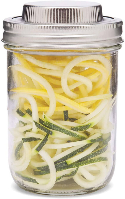 It's easy to make and store oodles and oodles of zoodles with the jarware 3 in 1 spiralizer for mason jars!  Prepare your favorite vegetables and fruits ahead of time and conveniently store right in the jar for healthy meals and snacks that are prepped and ready to go. Maintaining a healthy lifestyle is easy with this convenient mason jar accessory. Replace traditional pasta noodles with spiral vegetables.  Make zoodles from zucchini and summer squash.  Beet, carrot and cucumber noodles are a breeze - no peeler needed!  Shred onions, peppers, apples and more with a flick of the wrist!  Included are 3 food-grade stainless steel blades and a solid cap.  Use with your existing wide mouth mason jar.  Included components: mason jar spiralizer includes 3 blades and 1 safeguard to hold/stabilize vegetables or fruit. Mason jar components (jar, ring, and lid) are not included.  Come on baby, let's do the twist!  Because let's be honest, everything's better in a mason jar.