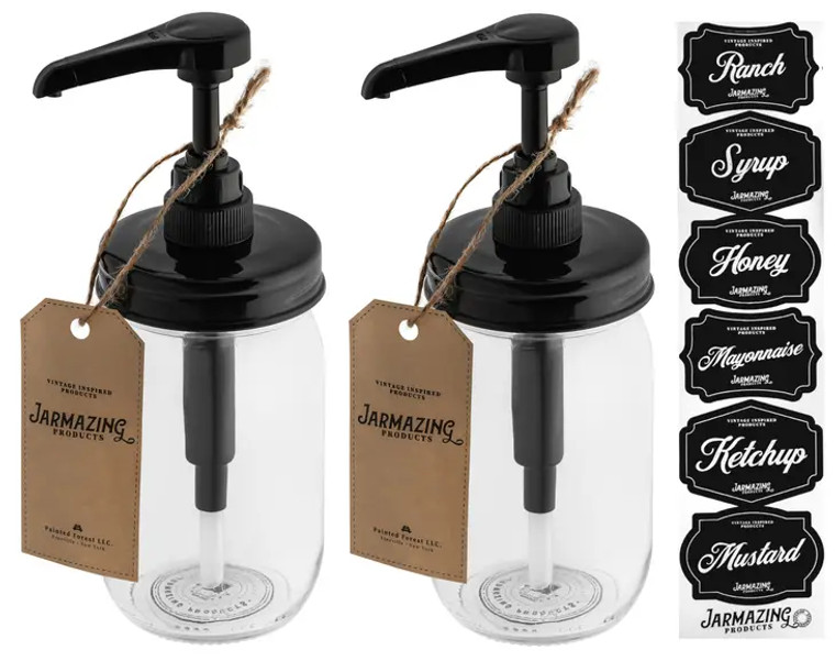 Dispensing syrups and condiments is easier than ever with these Jarmazing Products Mason Jar Syrup Dispensers. Every set features two smooth sided 16 ounce mason Jars and two black plastic dispenser pump lids.

A perfect hit of syrup or sauce is just a pump away! Use this gorgeous set for upgraded maple syrup jars, savory condiments dispensers, or your favorite salad dressings. Everything looks better in a mason jar!

These lids and pumps are made from food-grade, BPA-free Black plastic. Each set includes two glass pint-sized mason jars for that rustic farmhouse feel. Better still, they’re designed to deliver a perfect amount, firing out just 5 ml, or around a teaspoon of your sauce every time. The included FDA-silicone gaskets keep this set leak-proof, and your syrups won’t spill even if the jars are tipped or jostled.