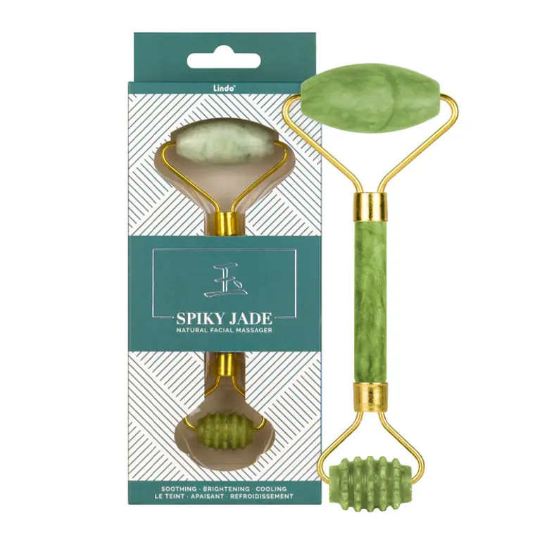 This Jade Roller comes with one large roller and a small spiky head at the other end. Temporarily improves blood circulation, brightens skin tone, and promotes elasticity of the skin. Helps promote lymphatic drainage and eliminates toxins. The natural cooling effect of the jade stone helps with puffiness, wrinkles, and dark circles. Due to the natural formations of the stones, each roller will be unique in size and color. Use the soft spiky end of this roller to prep skin before applying lotion, serum or sheet mask on your face. Then use the large smooth side to massage, this helps product on your skin to sink in deeper, or smooth out the surface of the mask for better results The spiky end of this Jade Roller is designed to be a more intensive massage to help with lymph drainage and blood flow. It is well suited for areas needing stronger stimulation.