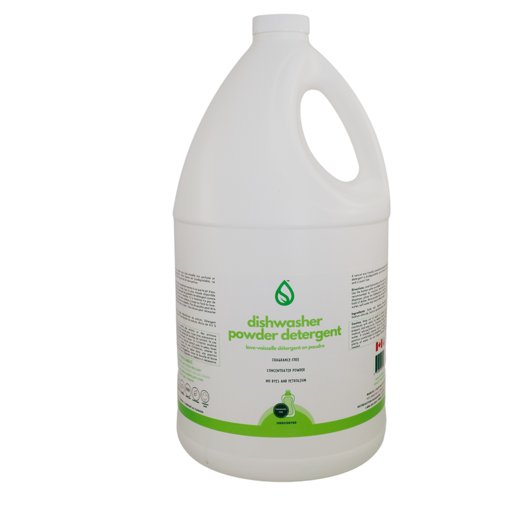 A natural eco-friendly unscented powdered dishwasher detergent. Our detergent is biodegradable, and contains no added dyes or chlorine, and is scent free.