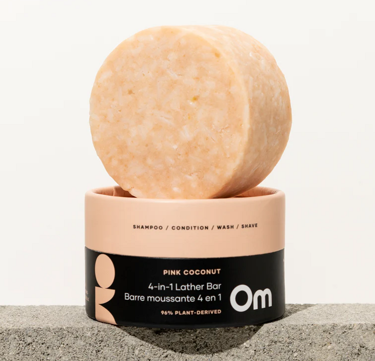 Om Organics Pink Coconut 4-in-1 Lather Bar is an eco-friendly alternative to shampoo, conditioner, body wash and shaving cream. While this multi-purpose product replaces a multitude of products, our creamy, fluffy lather bar delivers tangle-free locks and incredibly soft skin. Don’t even get us started on the sulphate-free lather.