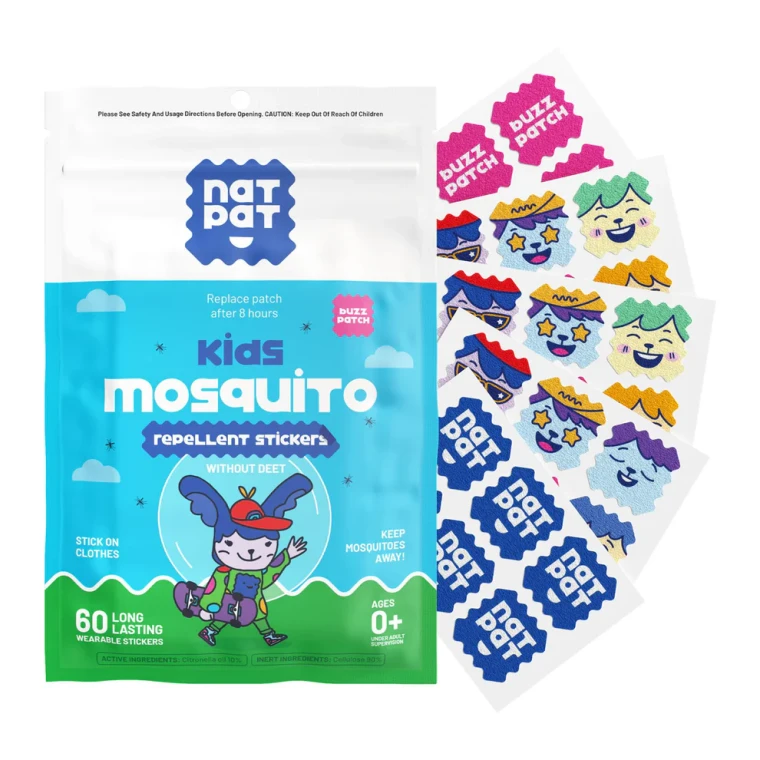 Natural Mosquito & Insect Repellent Stickers are the natural solution for keeping kids (and parents!) safe from mosquitoes and other insects. Made with 100% natural essential oils, these Deet-free repellent stickers create a protective citronella shield, cleverly camouflaging your little ones from mosquitoes without sprays, mess, or chemicals.