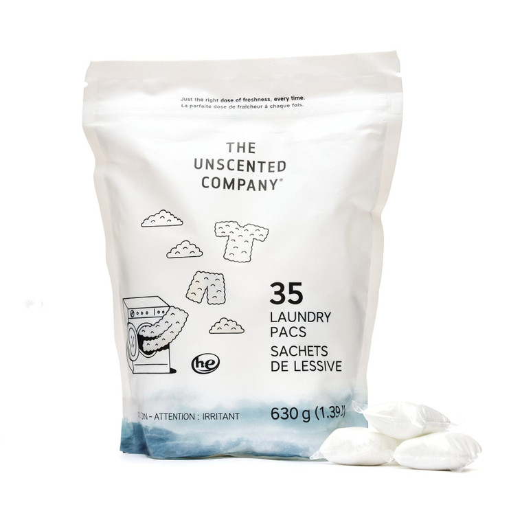 Unscented Laundry Pacs with a biodegradable formula and dissolvable pouch. Gentle on clothes, skin, and the planet.