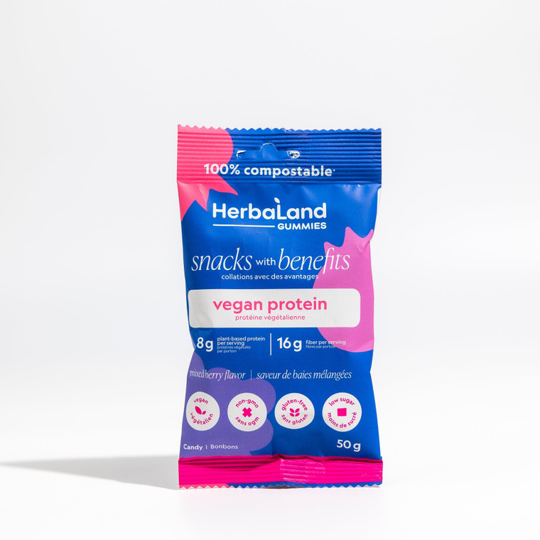 Our wild berry and strawberry flavored vegan protein gummies are an easy and delicious on-the-go snack. Each pouch is packed with nutrient-dense superfoods, protein, and fiber to provide an all-around snack for any occasion.