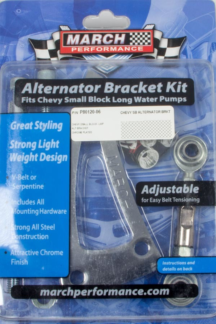 March Performance P80120-06 Alternator Bracket, Passenger Side, High Mount,  Water Pump Mount, Steel, Chrome, Long Water Pump, Small Block Chevy, Kit