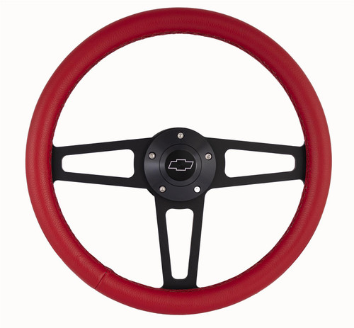 Grant 1916R Steering Wheel, T Series, 13.75 in. Diameter, Flat, 3-Spoke, Red Leather Grip, Chevrolet Bowtie Logo, Aluminum, Black Anodized, GM Fullsize SUV / Truck / Van / GM Compact SUV / Truck / Van 1974-94, Each