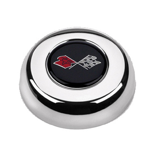 Grant 5632 Horn Button, Black/Red/Silver Corvette Flags Logo, Steel, Chrome, Grant Classic/Challenger Series Wheels, Each