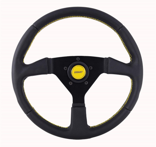 Grant 627 Steering Wheel, Performance, 13.75 in. Diameter, 1 in. Dish, 3-Spoke, Black Leather, Aluminum, Black Anodized, Each