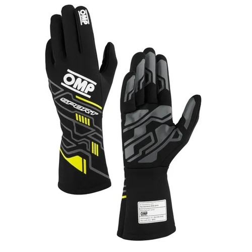 OMP Racing, Inc. IB0-0777-B01-178-L Driving Gloves, Sport, FIA Approved, Single Layer, Fire Retardant Fabric, Black/Fluorescent Yellow, Large, Pair