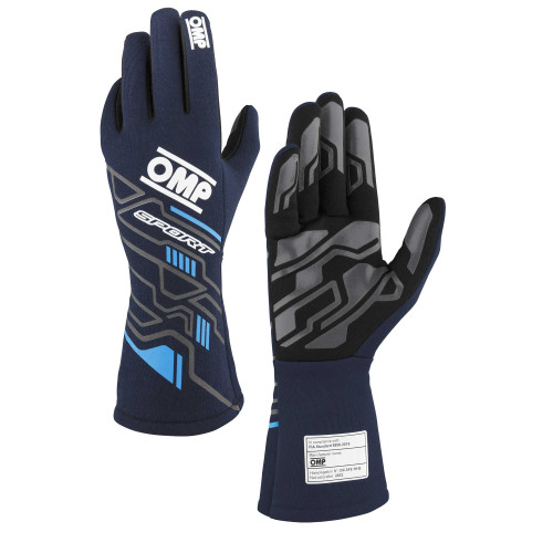 OMP Racing, Inc. IB0-0777-B01-244-M Driving Gloves, Sport, FIA Approved, Single Layer, Fire Retardant Fabric, Navy Blue/Cyan, Medium, Pair