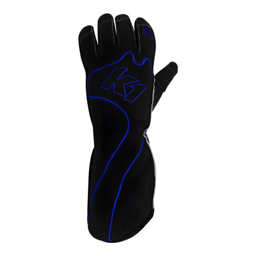 K1 Racegear 13-RS1-B-3XS Gloves, RS1, Driving, Double Layer, Nomex, Leather Palm, Elastic Cuff, Black / Blue, 3X-Small, Pair