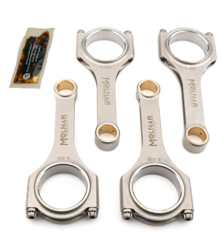 Molnar Technologies MH5659MJB4-A Connecting Rod, H-Beam, 5.659 in. Long, Bushed, 3/8 in. Cap Screws, Billet Steel, Mitsubishi 4-Cylinder, Set of 4