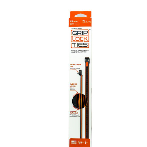 Grip Lock Ties G12-BKOG-X24 Cable Ties, Zip Ties, 12 in. Long, Orange Rubber Lined, Nylon, Black, Reusable, Set of 24