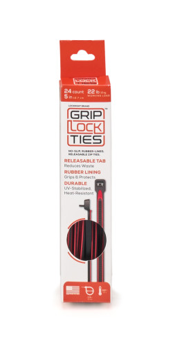 Grip Lock Ties G5-BKRD-X24 Cable Ties, Zip Ties, 5 in. Long, Red Rubber Lined, Nylon, Black, Reusable, Set of 24