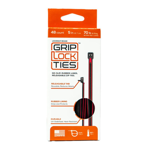 Grip Lock Ties G5-BKRD-X48 Cable Ties, Zip Ties, 5 in. Long, Red Rubber Lined, Nylon, Black, Reusable, Set of 48