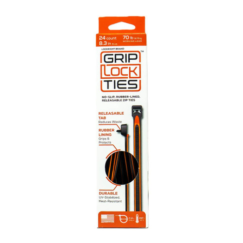 Grip Lock Ties G8-BKOG-X24 Cable Ties, Zip Ties, 8 in. Long, Orange Rubber Lined, Nylon, Black, Reusable, Set of 24