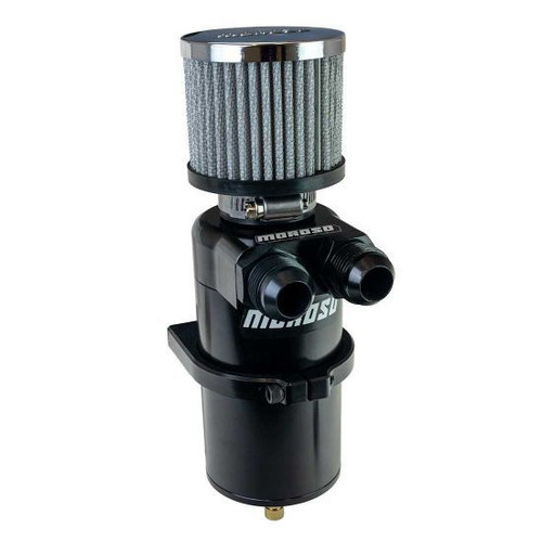 Moroso 85416 Breather Tank, Bolt-On, 3 in. Diameter x 8.8 in. Tall, 22.72 oz, Dual 10 AN Female Inlet, 12 AN Male Adapters Included, Petcock Drain, Breather Included, Aluminum, Black Anodized, Each
