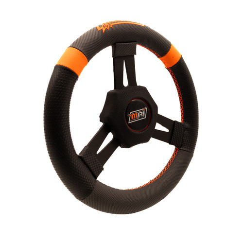 MPI USA MPI-KQR2-11 Steering Wheel, Quarter Midget, 10.75 in. Diameter, 1.25 in. Dish, 3-Spoke, Black Synthetic Grip, Orange Stripes, Aluminum, Black Anodized, Each