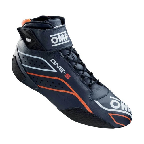 OMP Racing, Inc. IC0-0822-A03-249-47 Driving Shoe, One-S, Mid-Top, SFI 3.3/5, FIA Approved, Leather Outer, Fire Retardant Inner, Navy Blue / Fluorescent Orange, Euro 47, Pair
