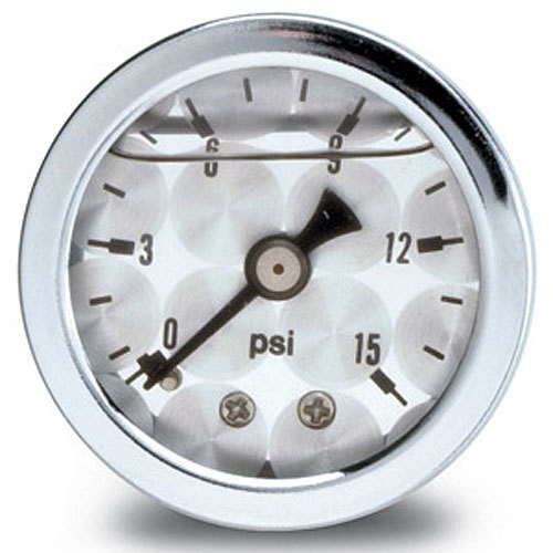 Russell 650390 Pressure Gauge, 0-15 psi, Mechanical, Analog, 1-1/2 in. Diameter, Liquid Filled, 1/8 in. NPT Port, Silver Face, Each