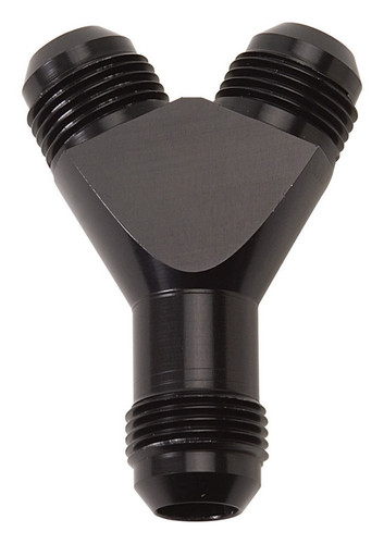 Russell 650430 Fitting, Y Block, 6 AN Male Inlet, Dual 6 AN Male Outlets, Aluminum, Black Anodized, Each