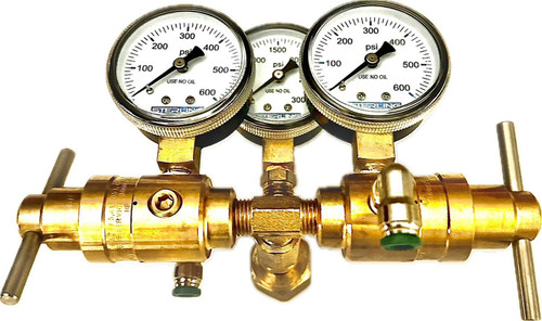 Shifnoid PC2010 CO2 Pressure Regulator, Triple Gauge, Dual Regulator, 0-150 psi / 0-400 psi Adjustable, 1/8 in. NPT Outlet, Brass, Natural, Each