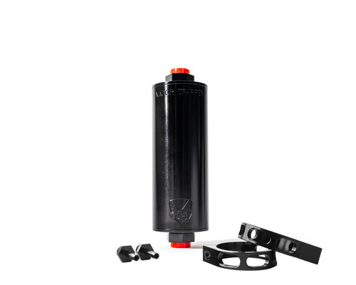 Vapor Trapper VT6BLK-3/8-P Charcoal Canister, Shop48 Vapor Trapper, 6 in. Long, 6 AN Female O-Ring Inlet, 6 AN Female O-Ring Outlet, Fittings / Premium Mounting Bracket Included, Aluminum, Black Anodized, Kit