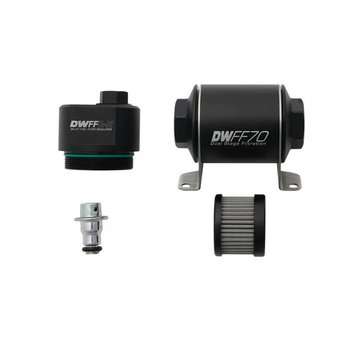 Deatschwerks 8-FFR-070-010K Fuel Pressure Regulator, 58 PSI, In-Line, 8 AN Female O-Ring Inlet, 10 AN Female O-Ring Outlet, 6 AN Female O-Ring Return, 70 mm Integrated Filter, 10 Micron, Bracket Included, Aluminum, Black Anodized, Gas / Diesel / Methanol / E85, Kit
