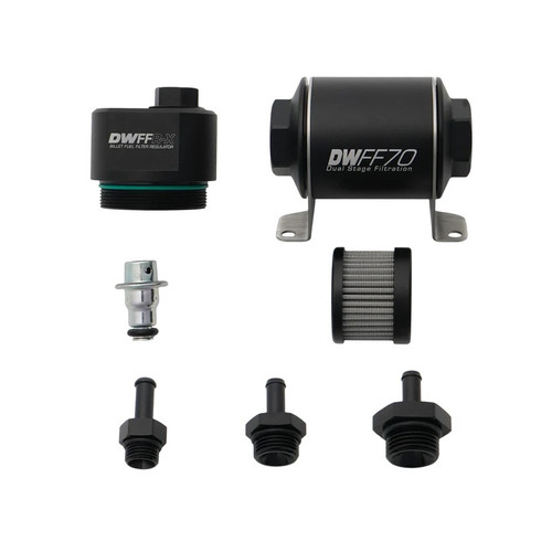Deatschwerks 8-FFR-070-010K-516 Fuel Pressure Regulator, 58 PSI, In-Line, 8 AN Female O-Ring Inlet, 10 AN Female O-Ring Outlet, 6 AN Female O-Ring Return, 70 mm Integrated Filter, 10 Micron, Bracket / Fittings Included, Aluminum, Black Anodized, Gas / Diesel / Methanol / E85, Kit