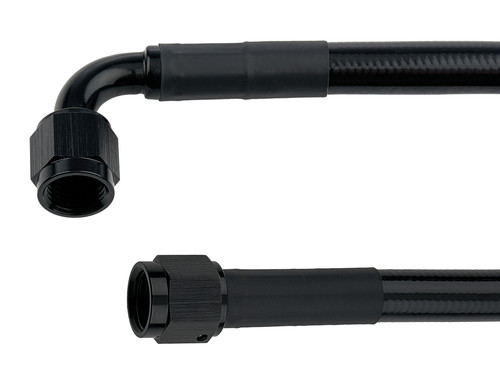 Allstar Performance ALL48466-15 AN Hose Assembly, 15 in. Long, 6 AN Hose, 6 AN Straight to 6 AN 90 Degree Female, Braided Stainless, Black Vinyl Coated, PTFE, Black Fittings, Each