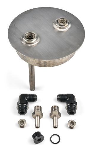 Detroit Speed Engineering 080311DS Fuel Tank Carbureted Adapter, 8 AN Inlet, 8 AN Outlet, Fittings/Plugs Included, Stainless, Kit