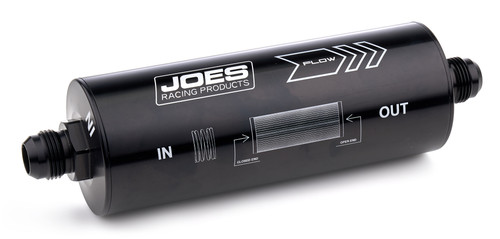 Joes Racing Products 42112 Oil Filter, In-Line, Paper Element, 12 AN Male Inlet, 12 AN Male Outlet, Aluminum, Black Anodized, Each