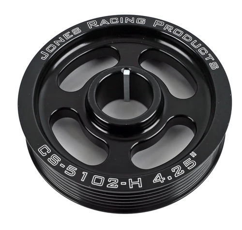 Jones Racing Products CS-5102-H Crankshaft Pulley, Serpentine, 6-Rib, 4.25 in. Diameter, 1 in. Wide, 1-1/8 in. Mandrel, 1/8 in. Keyway, Aluminum, Black Anodized, Each