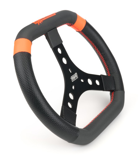 MPI USA MPI-KP2-13 Steering Wheel, Karting/Quarter Midget/Mini Outlaw, 12.75 in. Diameter, 0.75 in. Dish, 3-Spoke, Black Synthetic Grip, Orange Stripes, Aluminum, Black Anodized, Each