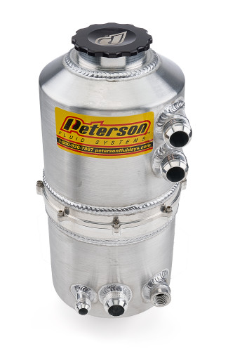 Peterson Fluid 08-0786 Oil Tank, Drag, Dry Sump, 2.3 gal, 16.625 in. Tall, 7 in. OD, Two 16 AN Male Inlets, 16 AN Male Outlet, Two 12 AN Male Breather Ports, Heater Port, Aluminum, Natural, Each