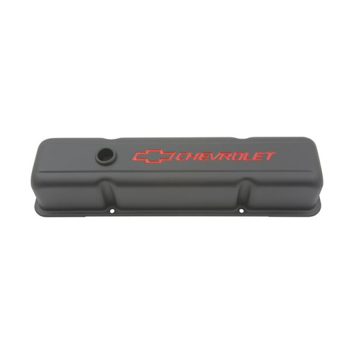 GM Performance 141-751 SBC Steel Black Valve Covers, Tall, Red Bowtie / Chevrolet Logo