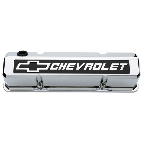 GM Performance 141-922 SBC Slant-Edge Chrome Valve Covers, Tall, Chrome Bowtie / Chevrolet Logo