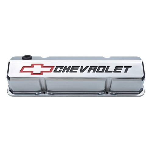 GM Performance 141-927 SBC Slant-Edge Aluminum Valve Covers, Tall, Red Bowtie / Black Chevrolet Logo