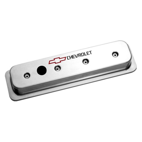 GM Performance 141-130 SBC Aluminum Gray Valve Covers, Red Bowtie / Black Chevrolet Logo