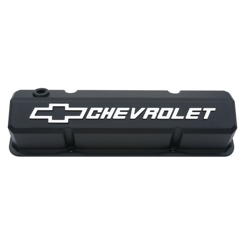 GM Performance 141-921 SBC Slant-Edge Black Wrinkle Valve Covers, Tall, Gray Bowtie / Chevrolet Logo