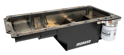 Moroso 20139 LS, Street/Strip Oil Pan, Rear Sump, 7 Quarts, Steel, Black Powdercoated, Each