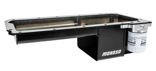 Moroso 20150 LS, Street/Strip Oil Pan, Rear Sump, 5 Quarts, Steel, Black Powdercoated, Each