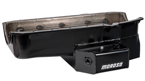 Moroso 21812 SBC Wet Sump Road Race Oil Pan, Rear Sump, 7 Quarts, Steel, Black Powdercoated, Each