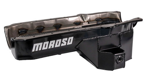 Moroso 20185 SB Chevy Gen II, Street/Strip Oil Pan, Rear Sump, 5.50 Quarts, Steel, Black Powdercoated, Each