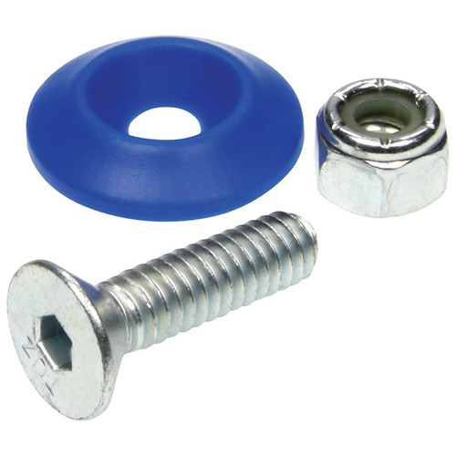 Allstar Performance ALL18683 Body Bolt Kit, 1/4-20 in Thread, 1 in Long, Allen Head, Bolts / Countersunk Washers / Lock Nuts Included, Plastic / Steel, Blue / Zinc Oxide, Set of 10