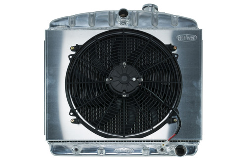 Cold Case Radiators CHT562AK Radiator and Fan, 23.500 in W x 23.500 in H x 3 in D, Center Inlet, Passenger Side Outlet, Aluminum, Polished, Chevy V8, Chevy Fullsize Car 1955-57, Kit