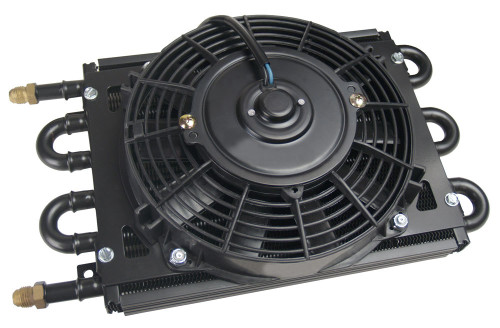 Derale 12730 Fluid Cooler and Fan, Dyno-Cool, 13.625 x 7.625 x 3.625 in, Tube Type, 6 AN Male Inlet / Outlet, Aluminum / Copper, Black Powder Coat, Kit