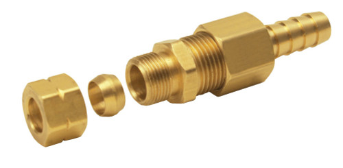 Derale 13032 Fitting, Adapter, Straight, 3/8 in Compression Fitting to 3/8 in Hose Barb, Brass, Natural, Each